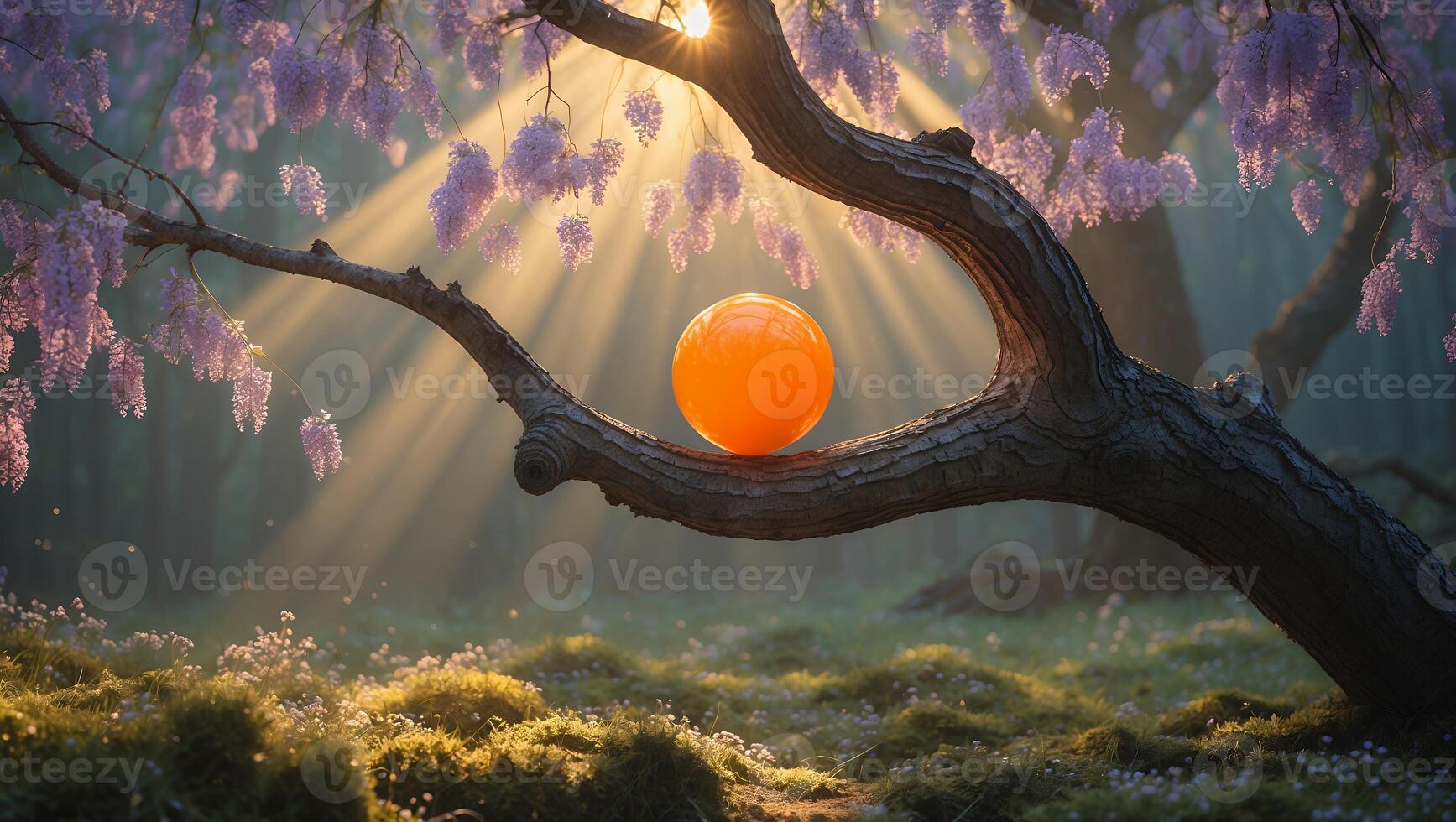 Orange Orb Balancing on Tree Branch with Floral Light Rays photo