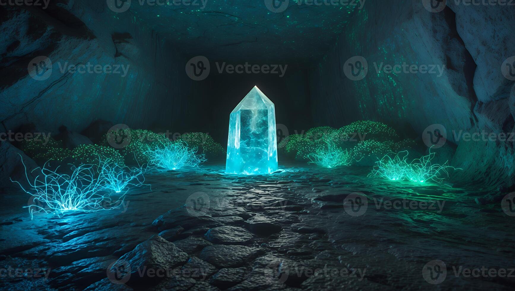 Glowing Crystal Point in Cave with Mystical Plants and Rock Pathway photo
