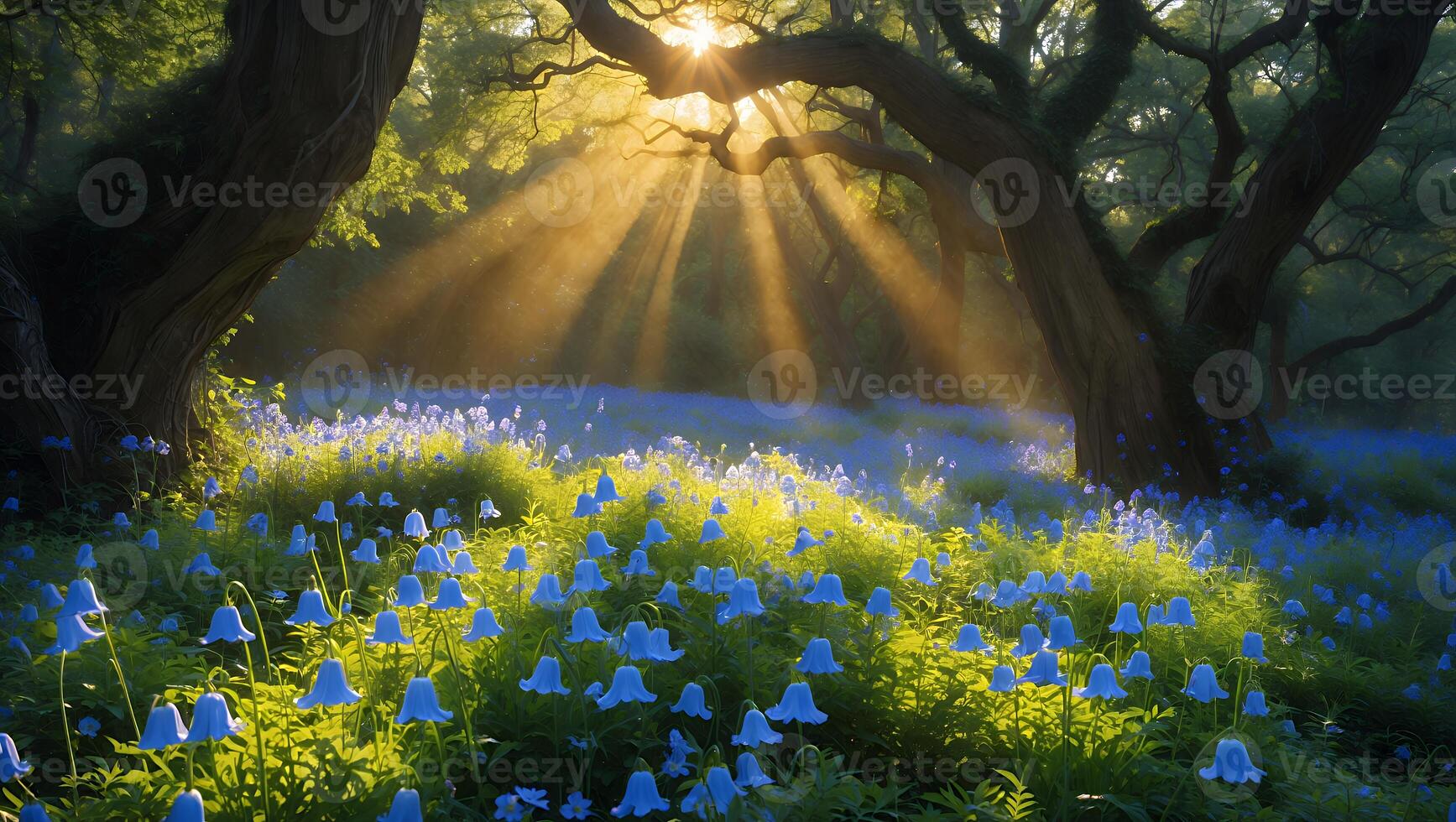 Sun Rays Shining Through Trees Onto a Bluebell Flower Field photo