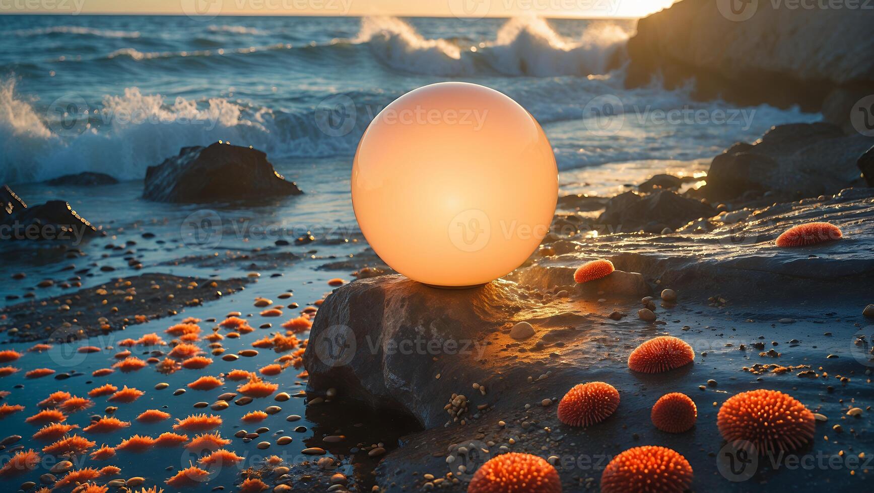 Orb on Beach Rocks at Sunset with Crashing Waves and Seaweed photo