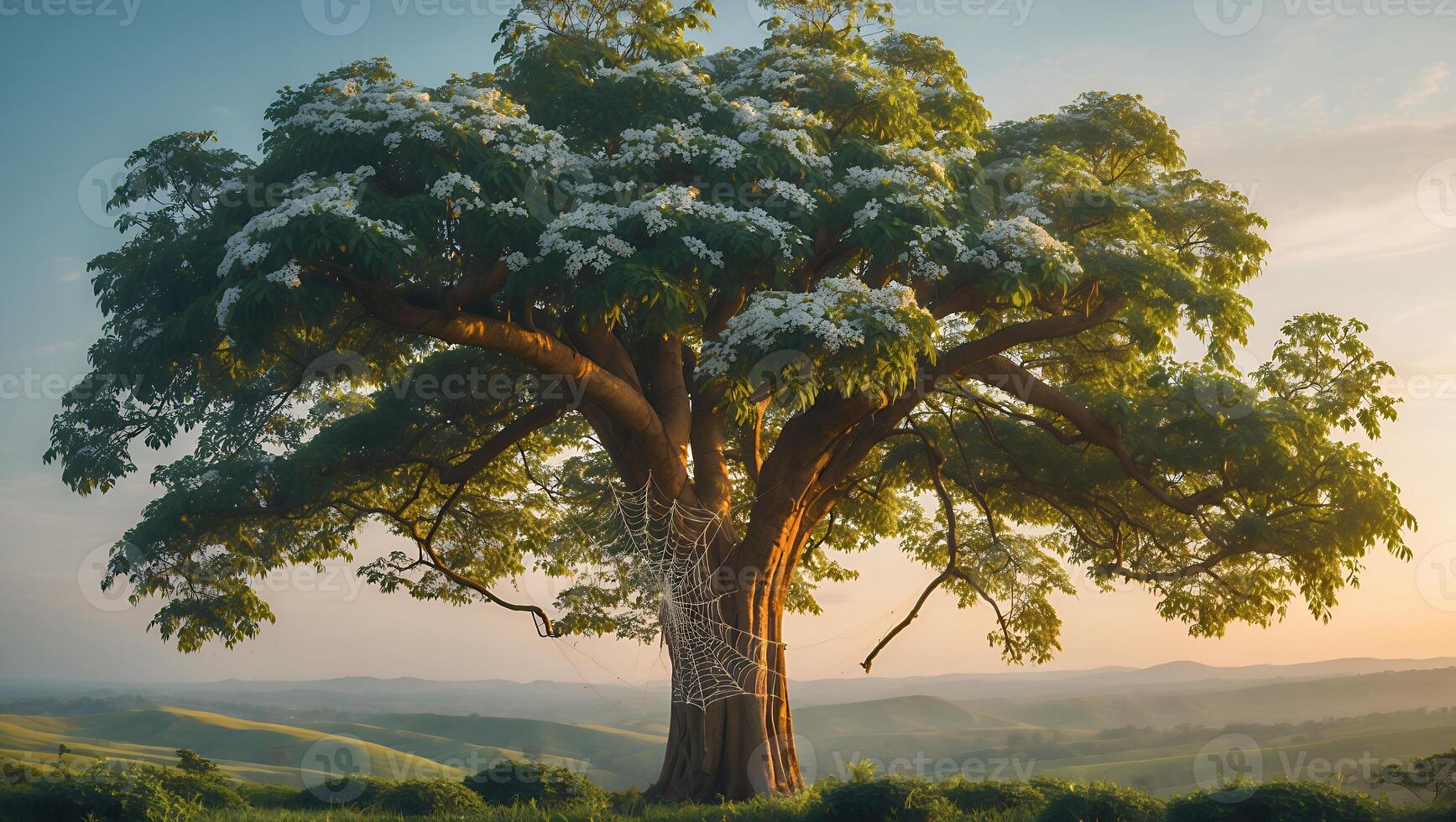 Large Tree with Flowers and Cobweb at Sunset Over Rolling Hills photo