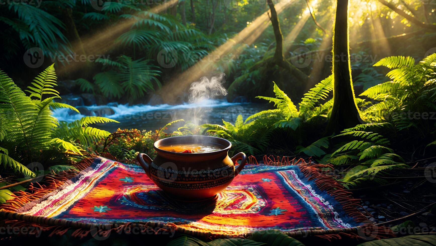 Steaming Soup on Rug in Forest with Sunlight and River photo