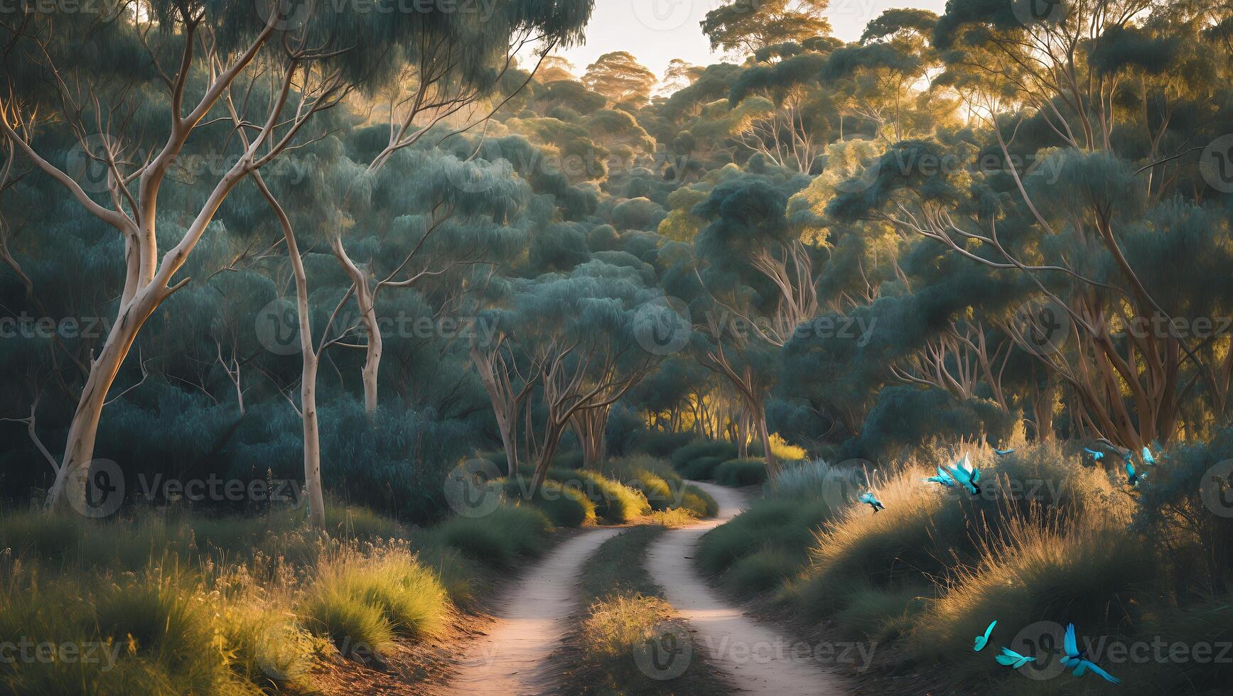 Winding Dirt Road Through Forest with Light Filtering Through Trees photo