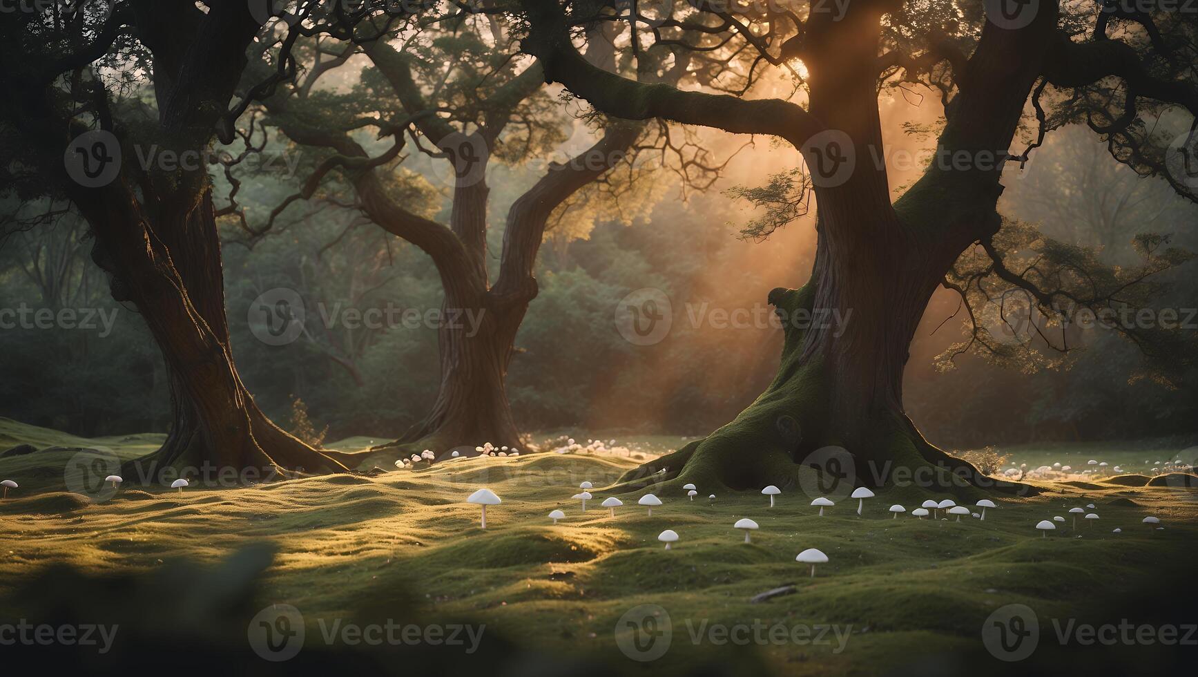 Sunlit Forest Meadow with Trees and White Mushrooms Landscape photo