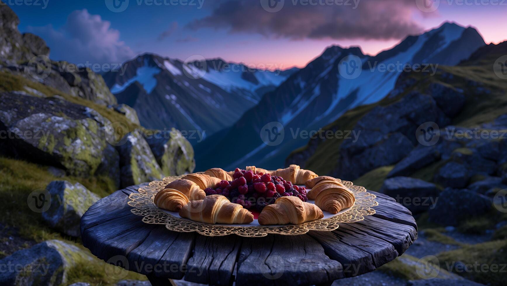 Croissants and Berries on Table with Mountain View at Dusk photo