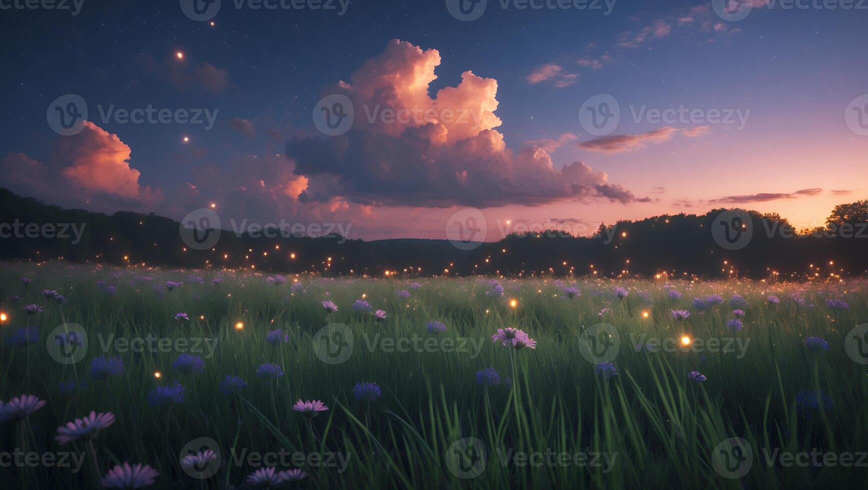 Flowers Blooming in Meadow at Dusk with Glowing Lights and Clouds photo