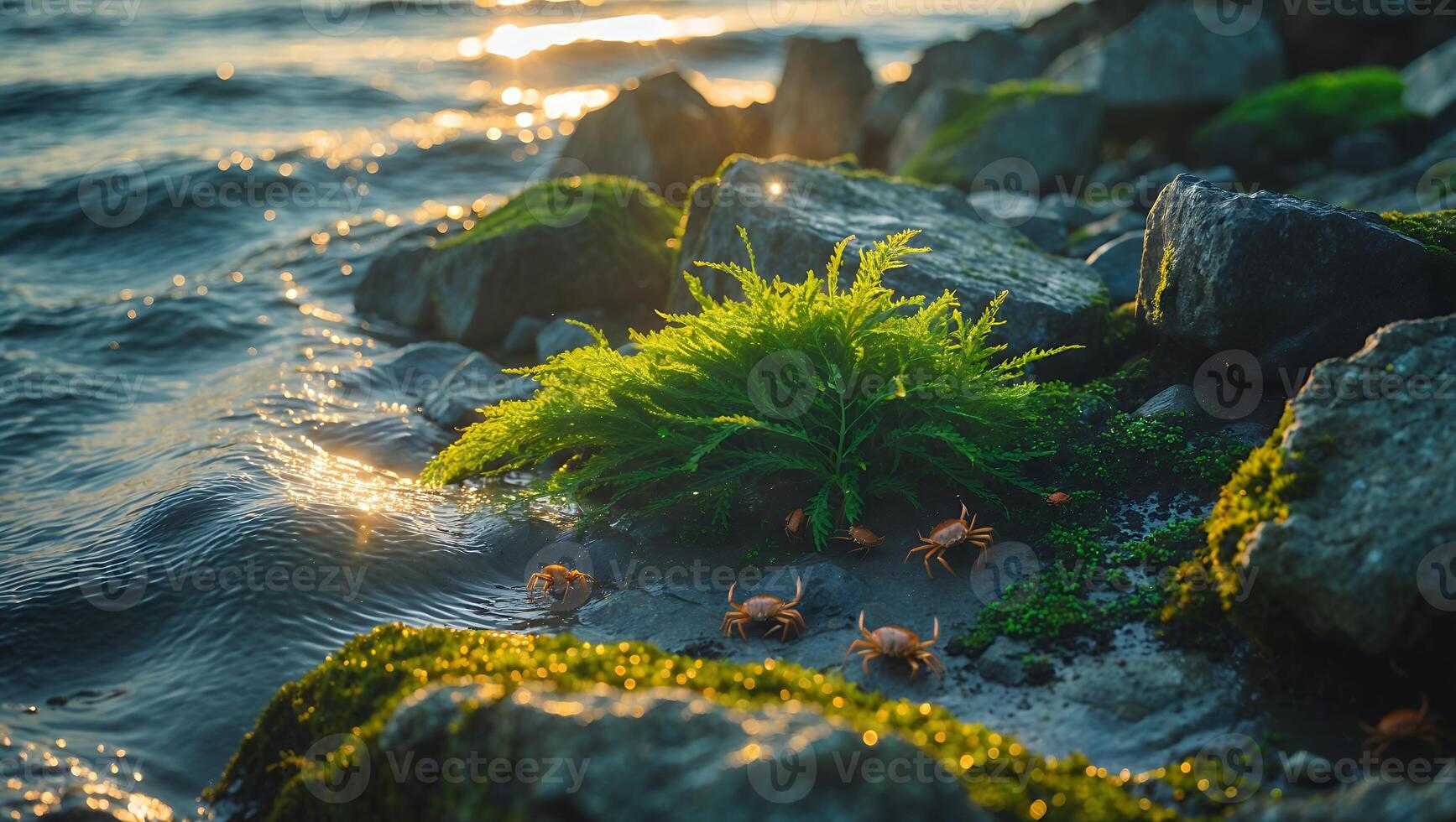 Crabs at Rocky Shoreline at Sunset with Moss and Seaweed photo