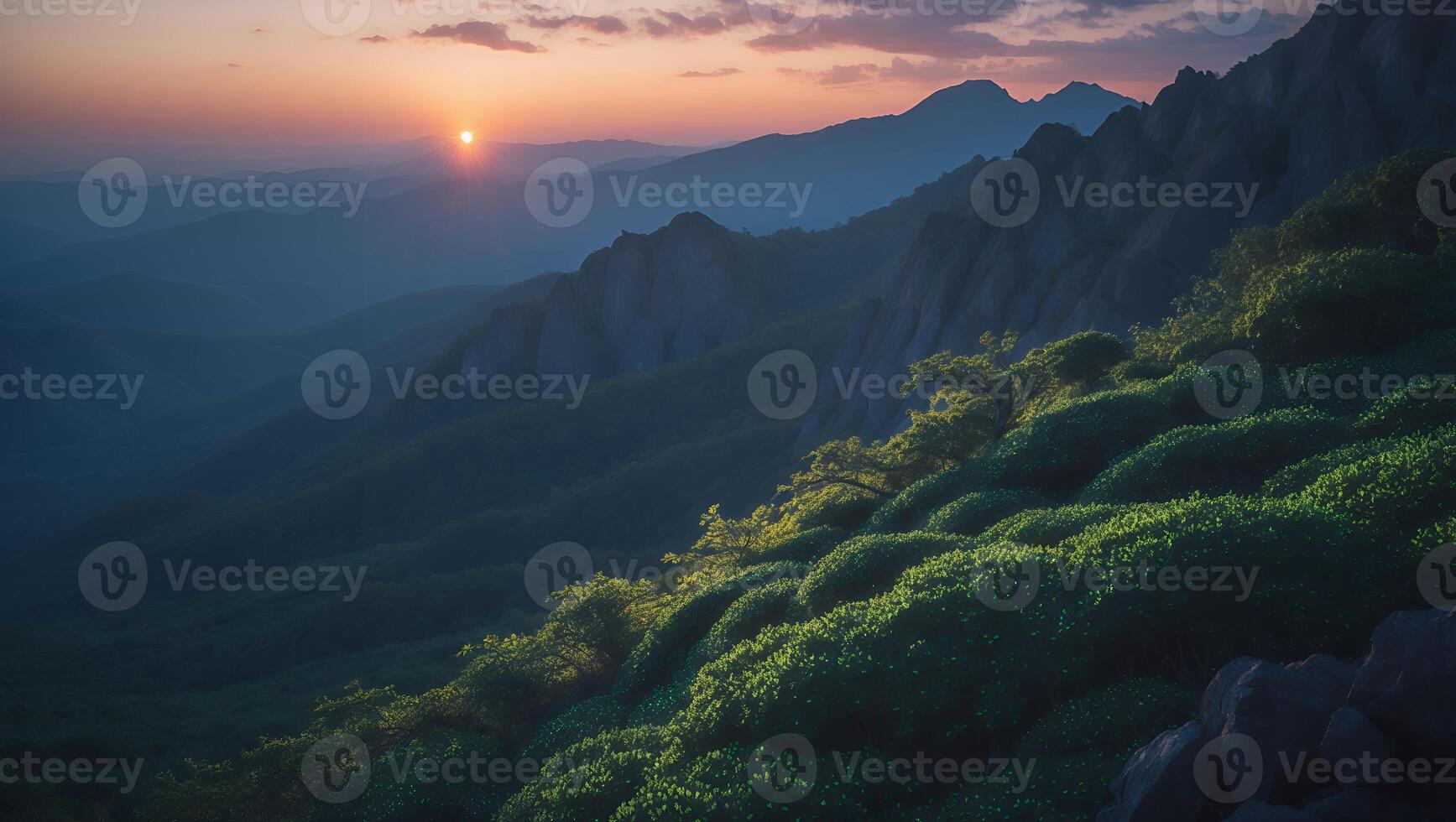 Mountain Ridge Overlook with Rising Sun and Greenery Landscape View photo