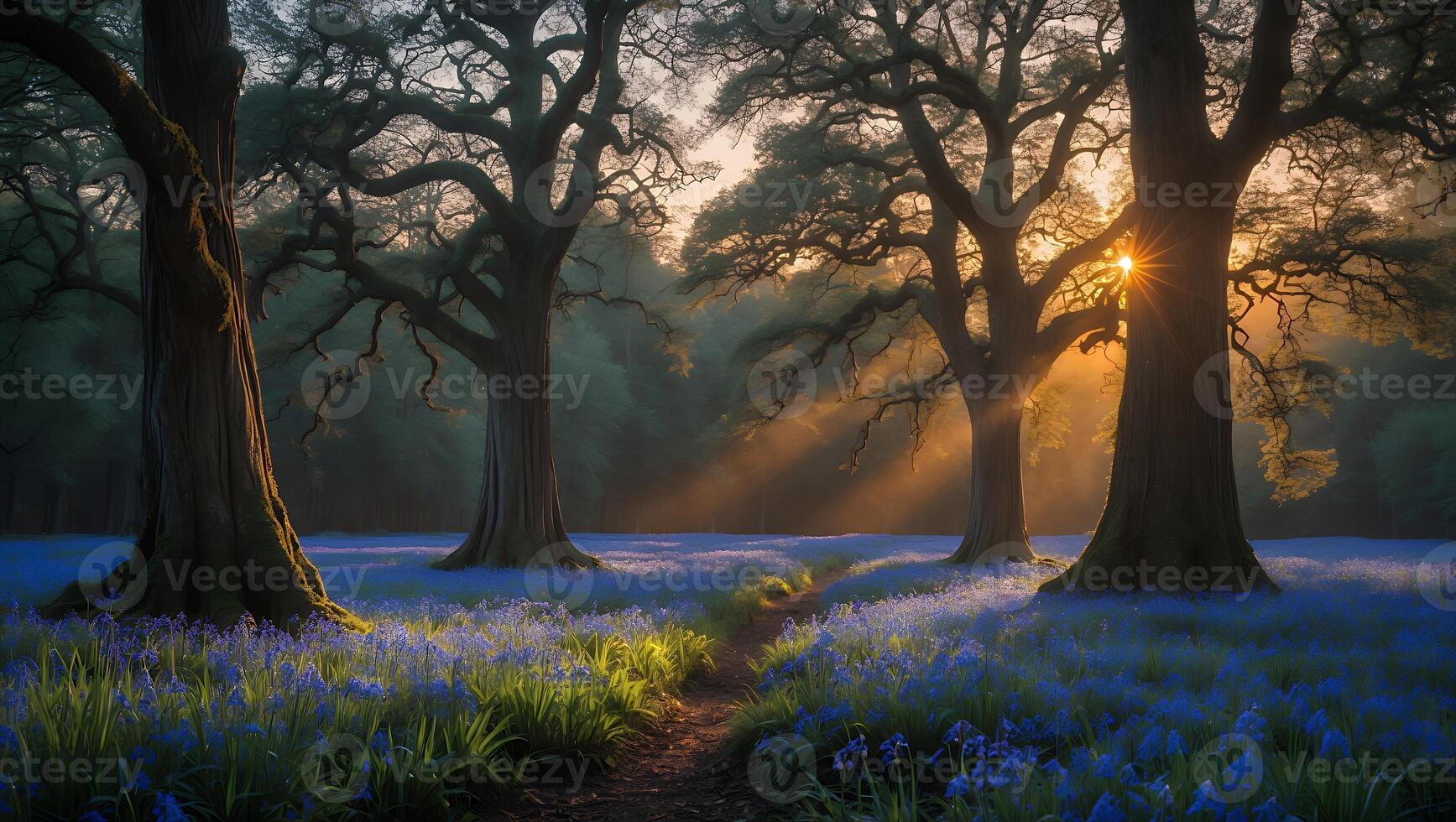 Walking Path Through Forest of Blue Flowers at Sunrise Shining Through photo