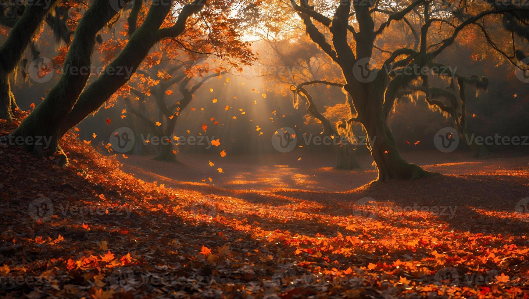 Falling Leaves in Autumn Forest with Sunbeams and Golden Light photo