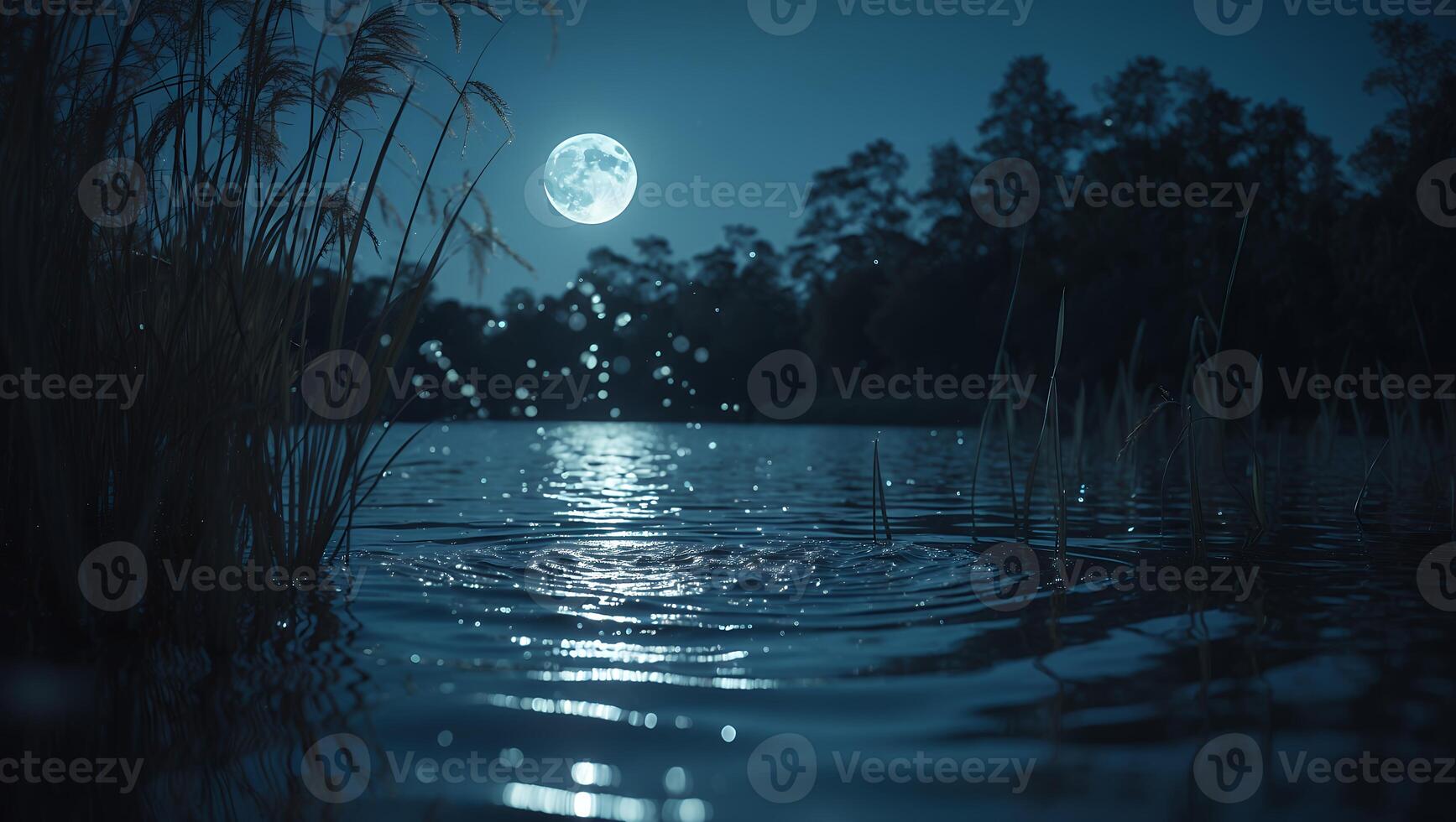 Reflective Water Under Full Moon with Tall Grass and Dark Trees photo