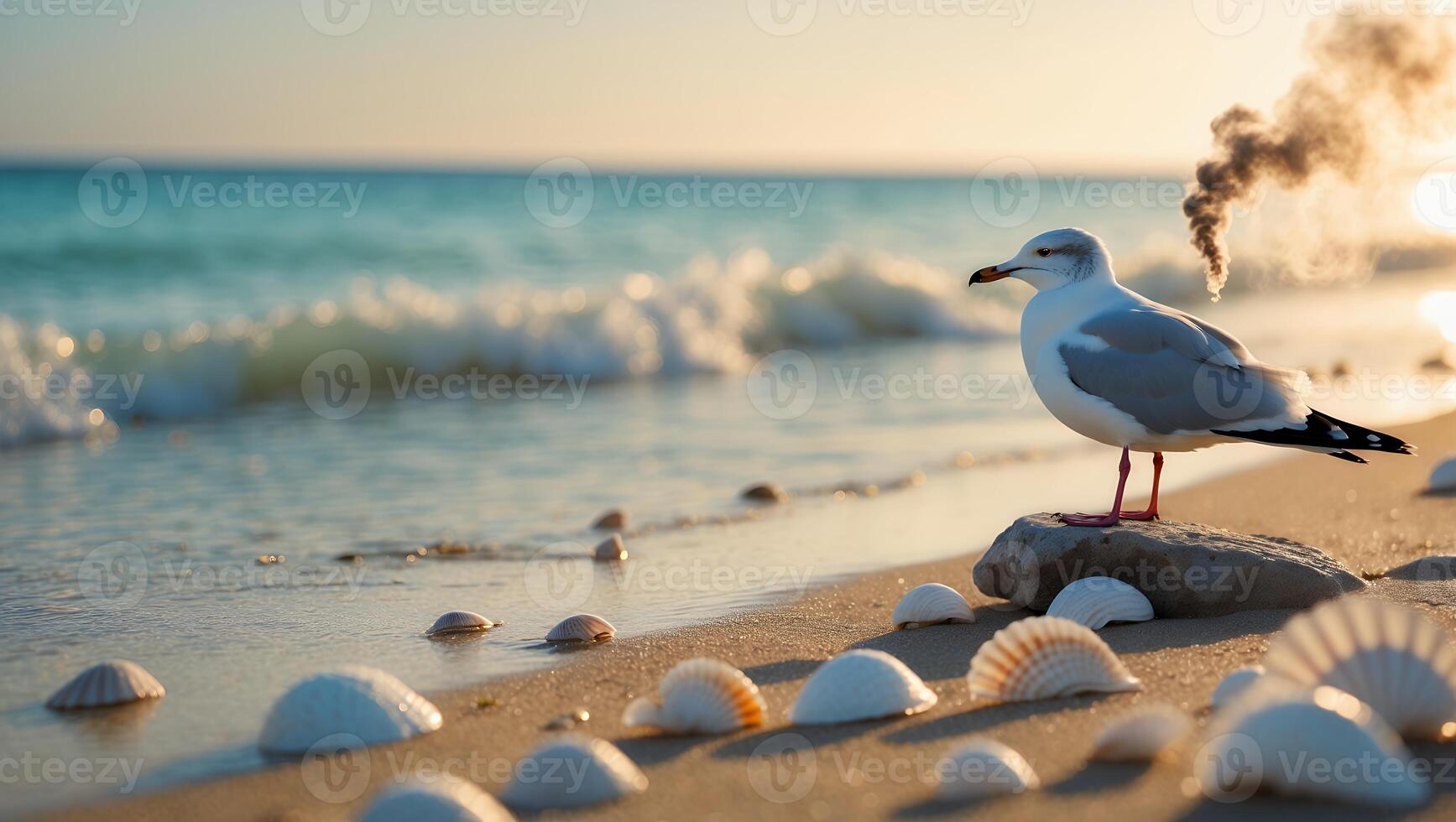 Seagull Standing on Rock at Beach with Seashells in Sunlight photo