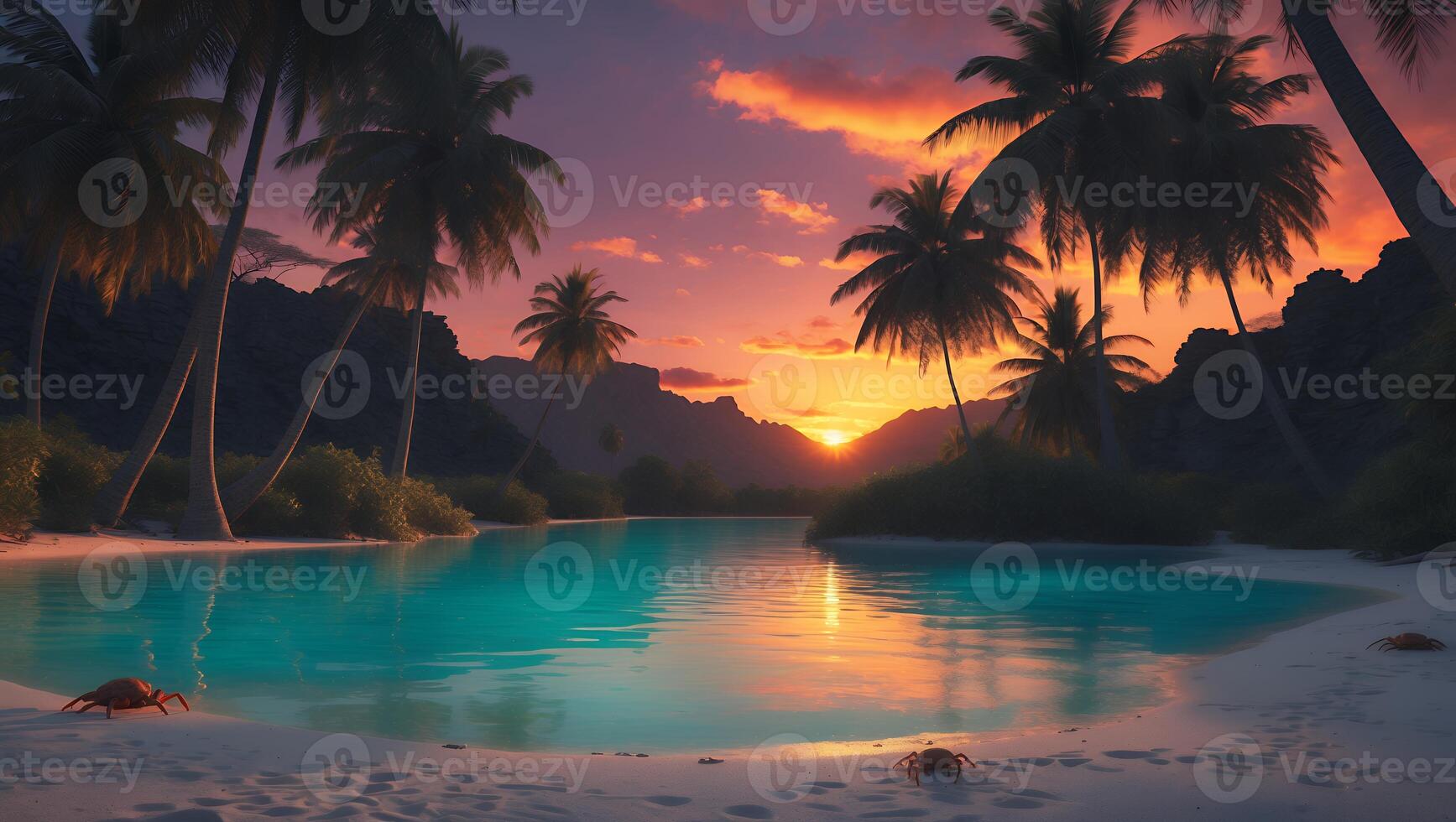 Tranquil Tropical Beach at Sunset with Turquoise Water and Palm Trees photo