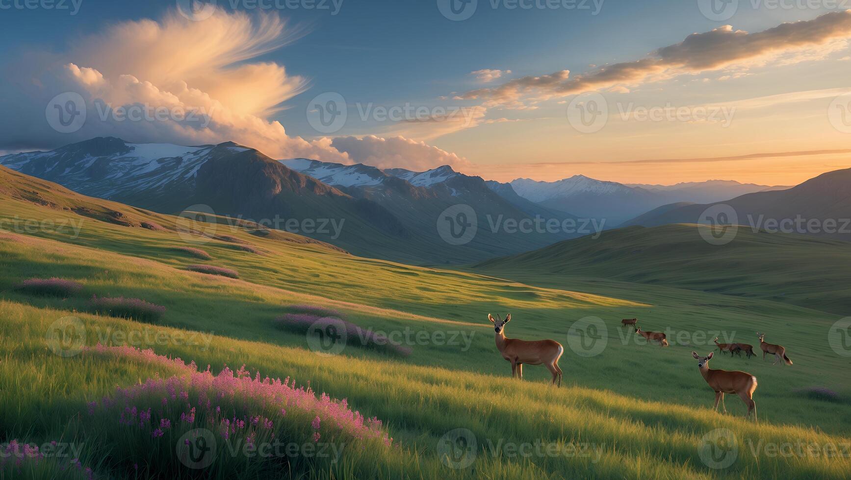 Deer Herd Grazing on Meadow Under Sunset Sky and Mountains photo