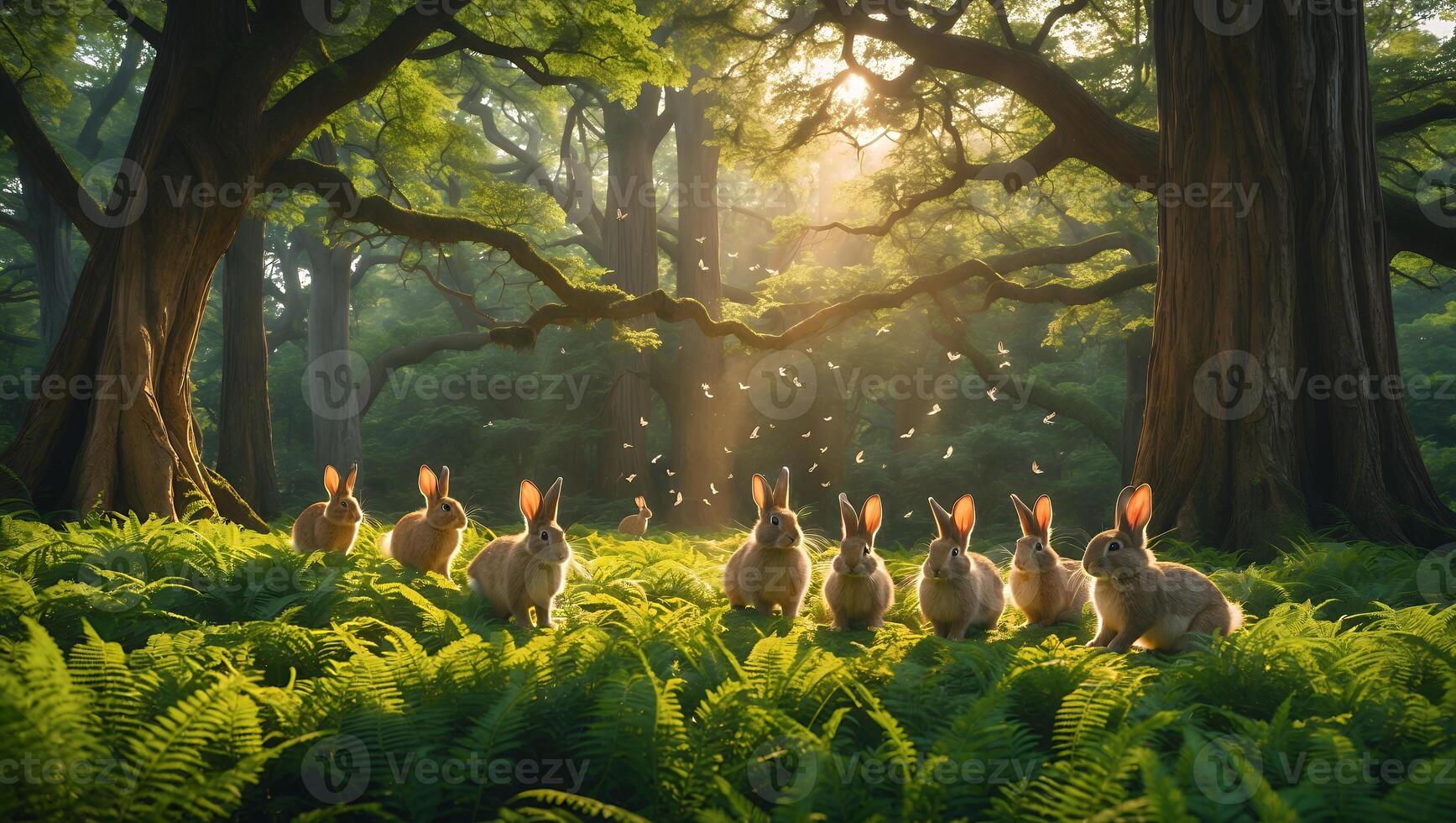 Rabbits Gathering in Forest Glade with Ferns and Sunlight photo