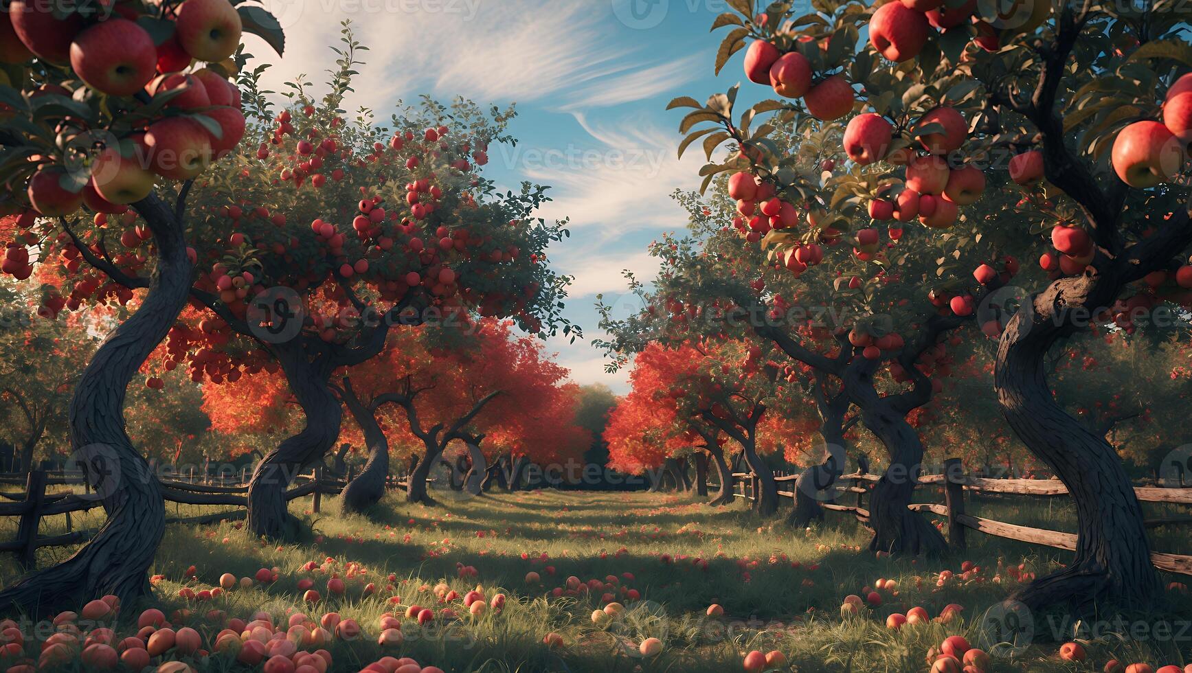 Walking Through Apple Orchard Trees Laden with Red Fruit in Autumn photo
