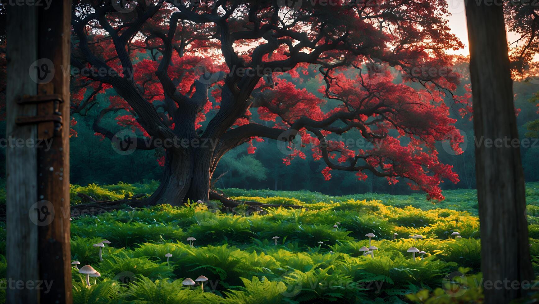 Red Maple Tree Glowing in the Sunlight Forest Glade Scene photo