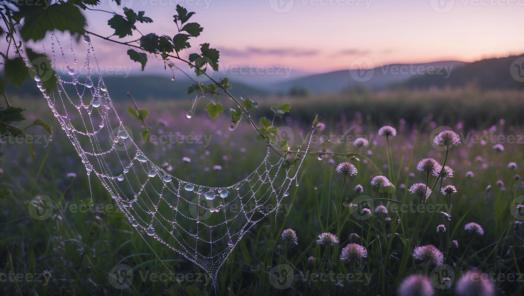 Dew Covered Spiderweb in Grassy Field at Dusk with Mountain Backdrop photo