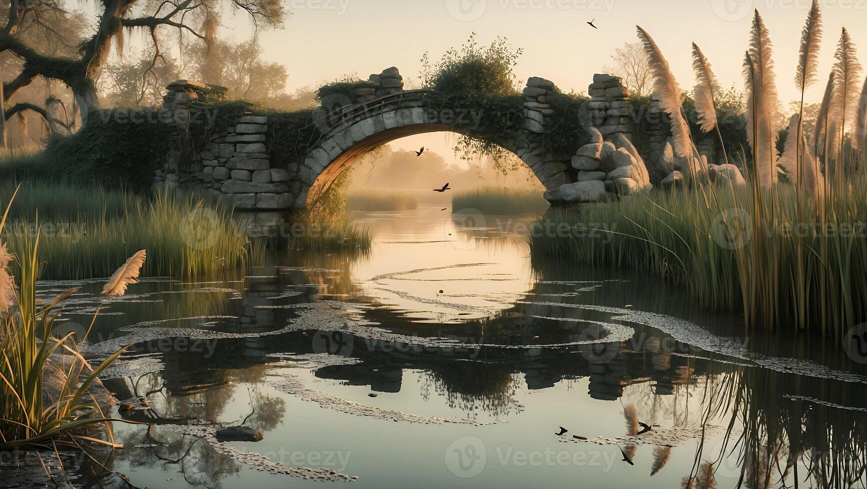 Old Stone Bridge and Tall Grass Reflections Over Serene River Scenery photo