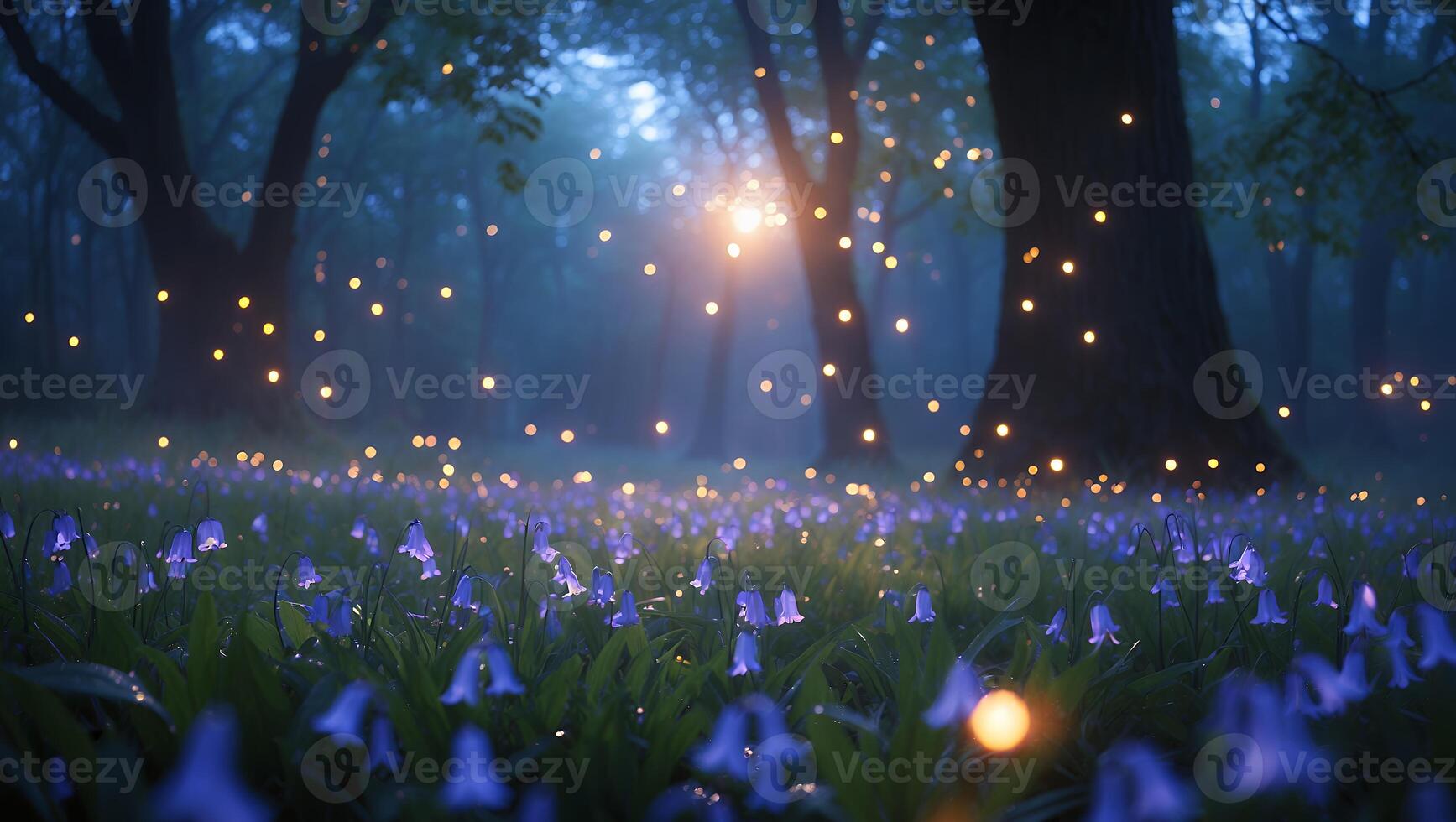 Bluebell Flowers Blooming in Forest at Night with Mysterious Lights photo