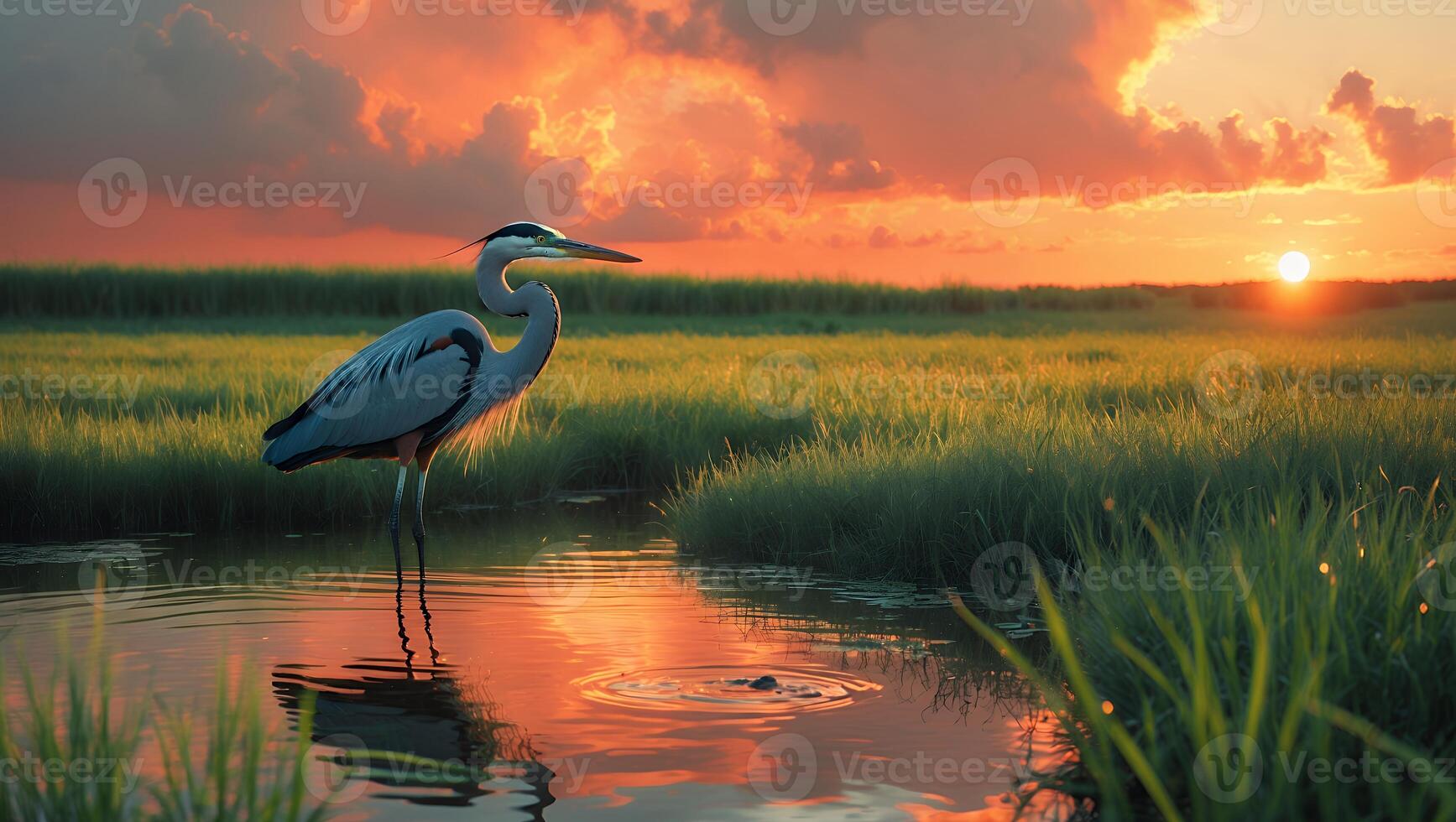 Heron Standing in Water at Sunset with Grassland Background photo