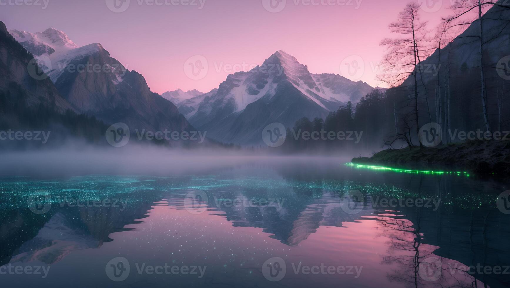 Lake Reflection of Snowy Mountains at Dusk with Mystical Fog photo