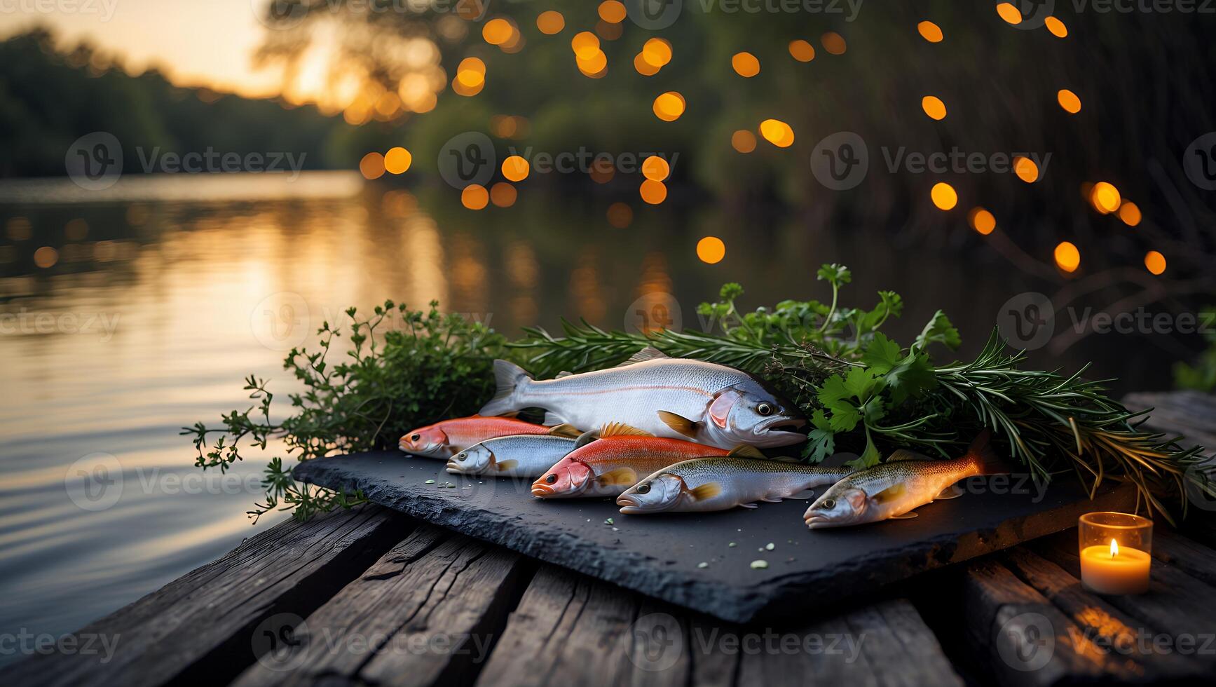 Fresh River Fish Displayed with Herbs on Dock at Sunset photo