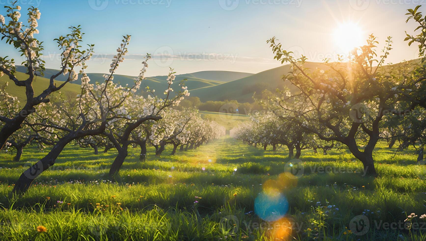Blooming Orchard at Sunrise with Green Hills and Warm Light photo