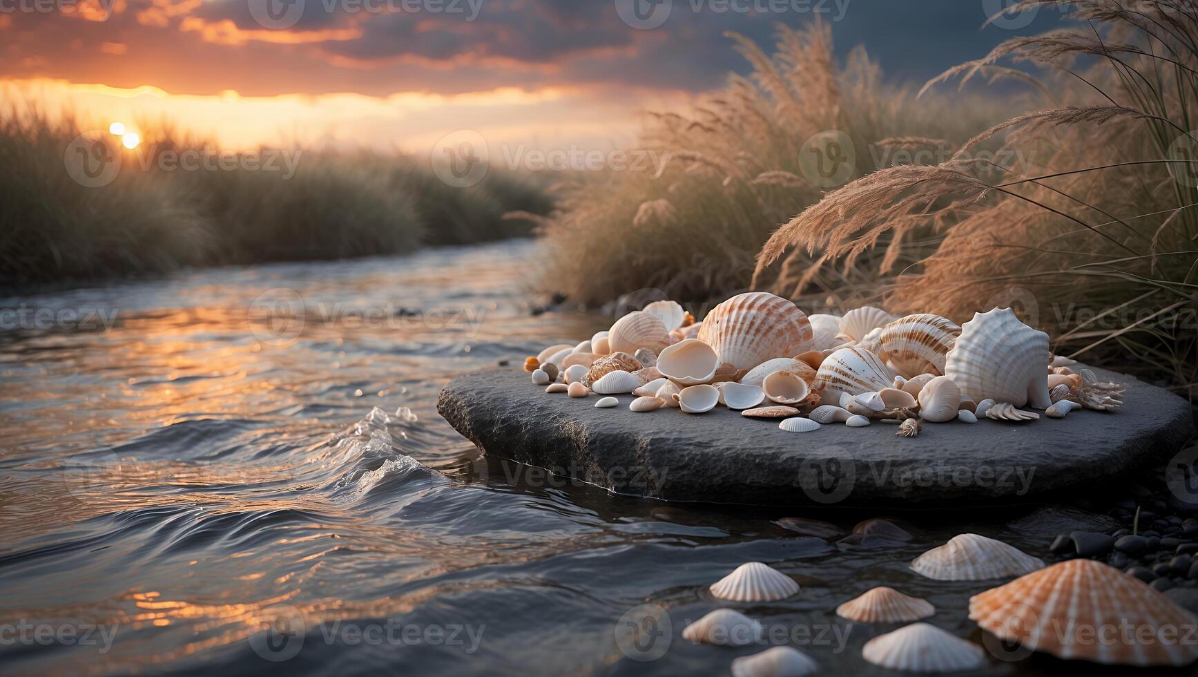 Seashells on Rock by Water at Sunset with Tall Grasses photo