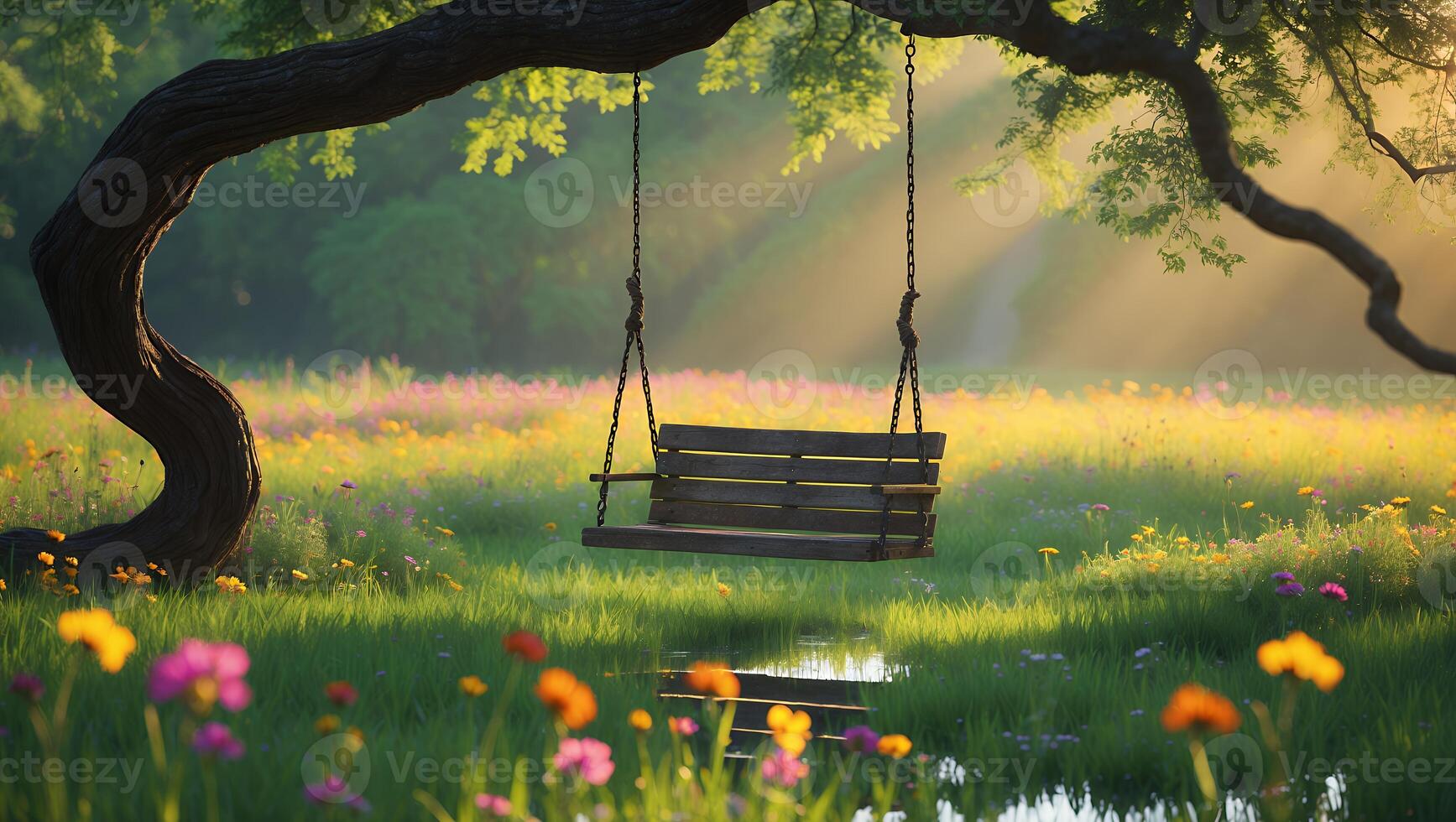 Hanging Swing on Tree Branch in a Sunny Meadow photo