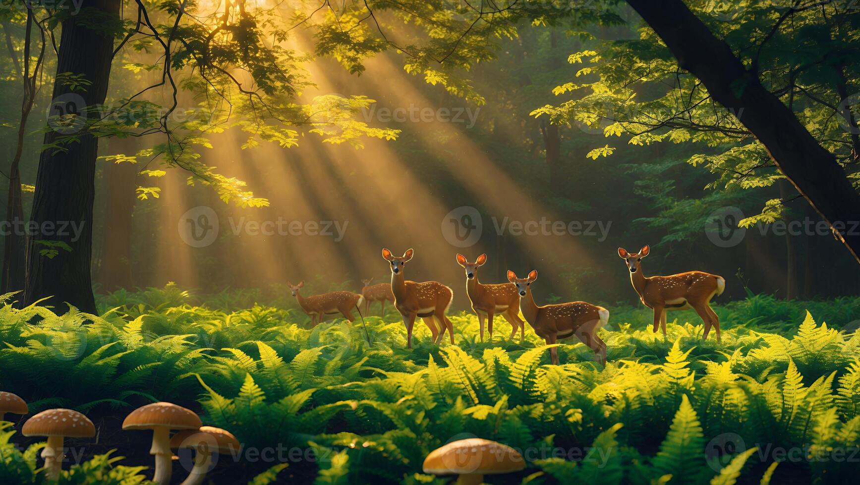 Deer Family Standing in a Sunny Forest Surrounded by Green Ferns photo