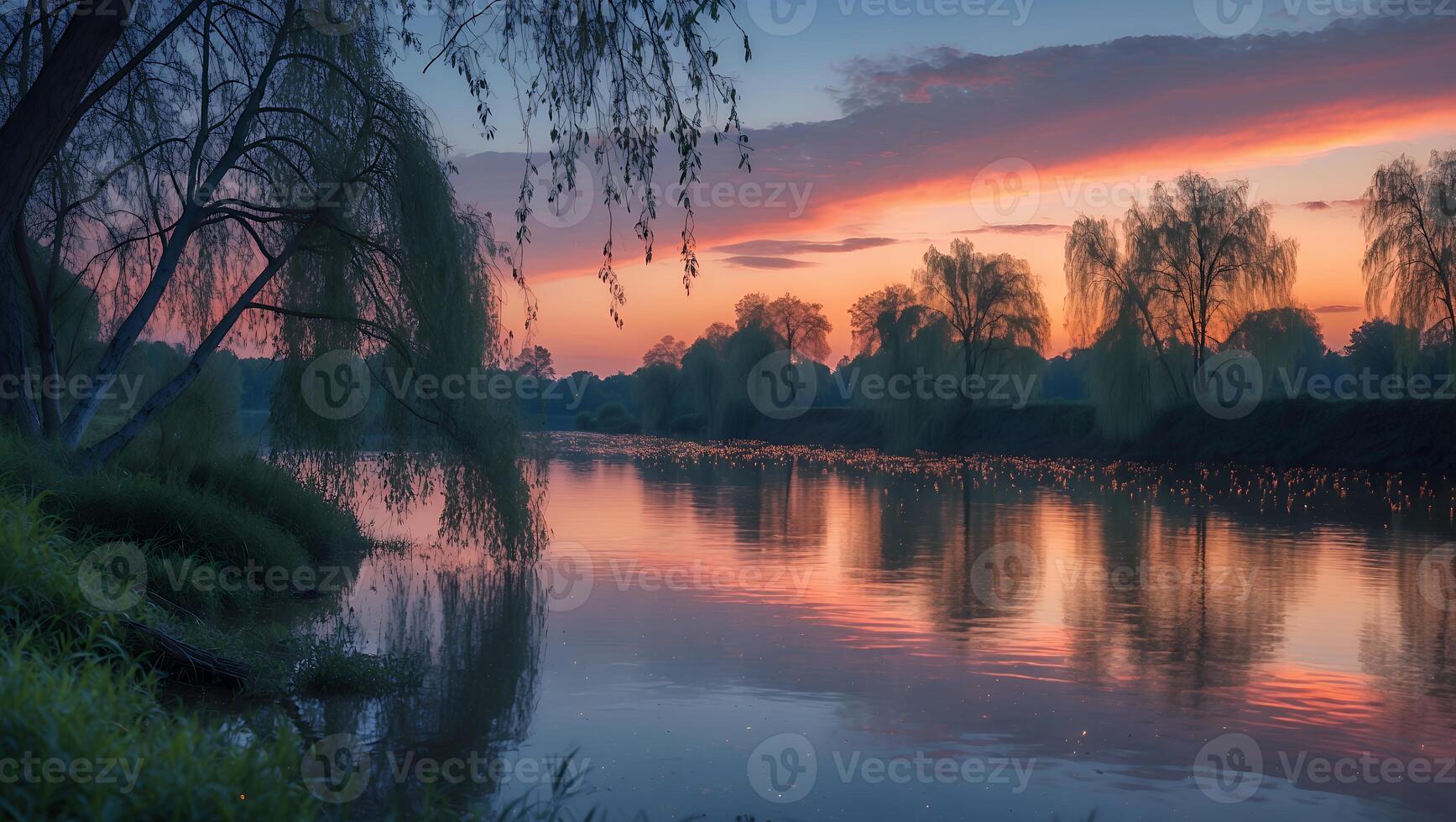 Tranquil River Scene with Trees Reflecting Colorful Sky at Sunset photo