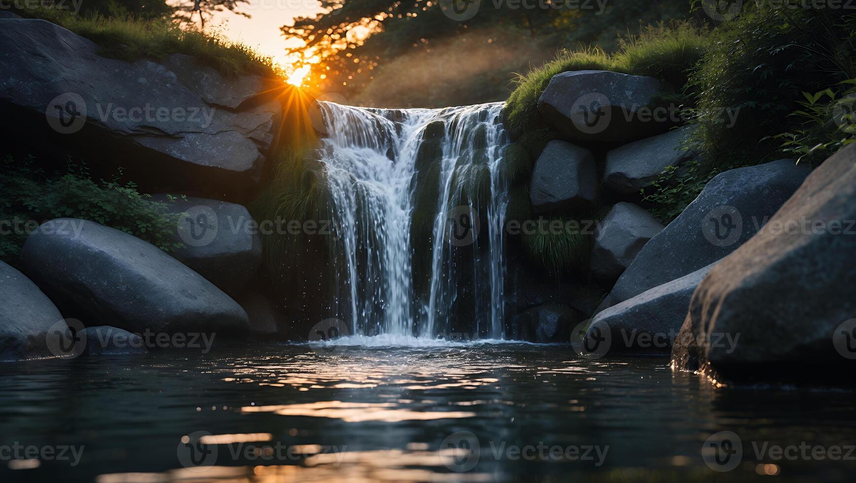 Cascading Waterfall Flowing Into Pool with Sunrays and Lush Vegetation photo