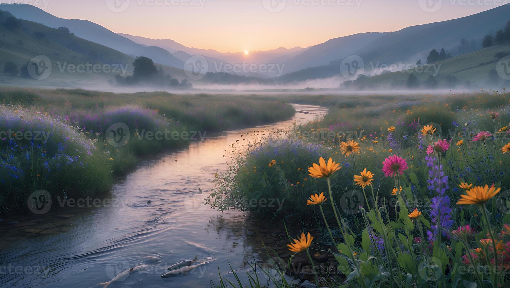 Flowing River Through Meadow with Wildflowers and Misty Mountain Scenery photo