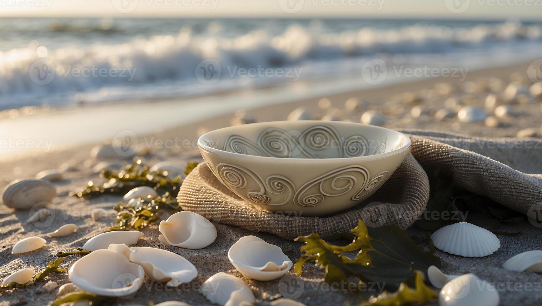 Bowl with Spiral Design Placed on Sandy Beach with Seashells photo