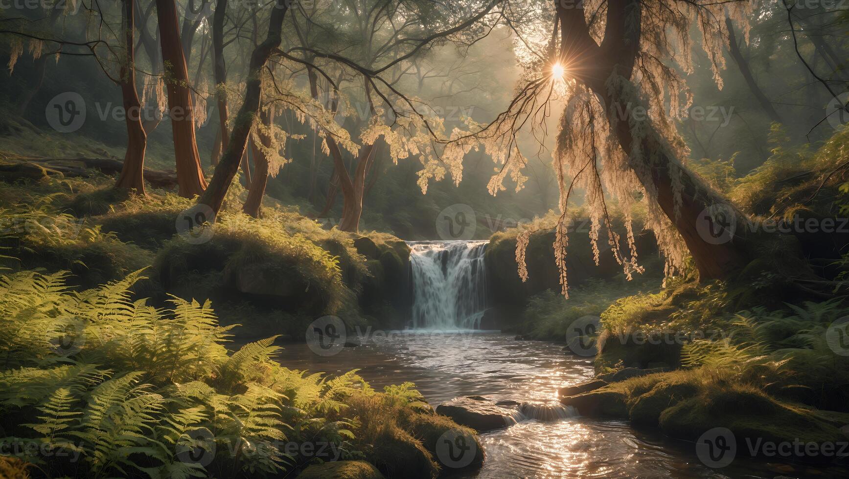 Waterfall Flowing Through Lush Forest with Sunlight Streaming Through Trees photo