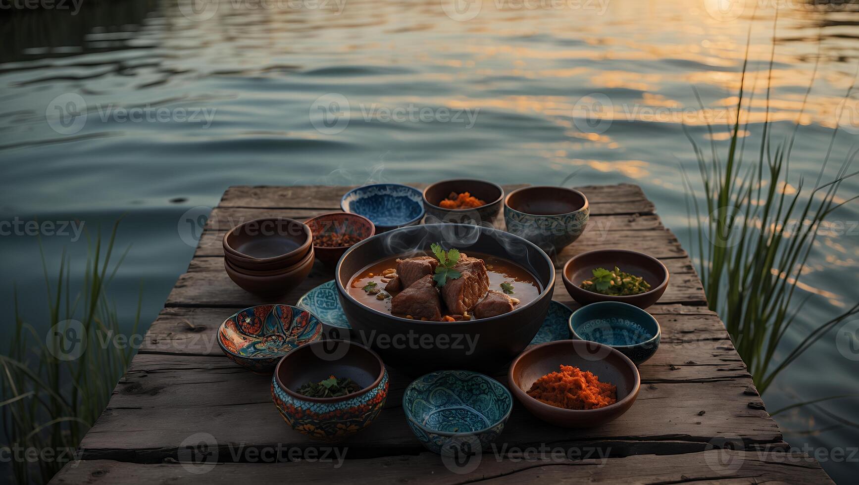 Serving Rich Stew in Bowls on Wooden Dock Near Water photo