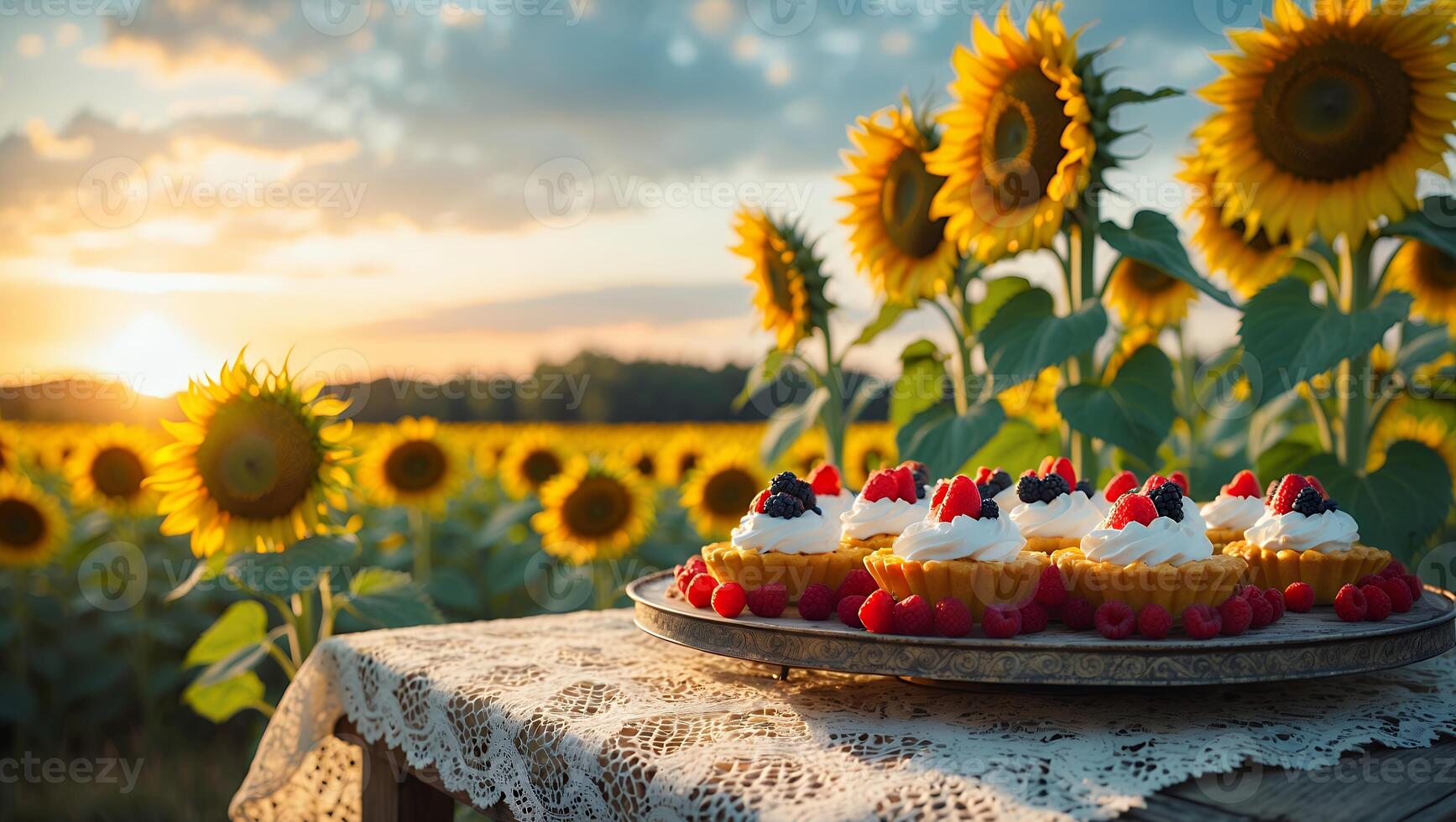Berry Tartlets on Table in Sunflower Field at Sunset Serenity photo