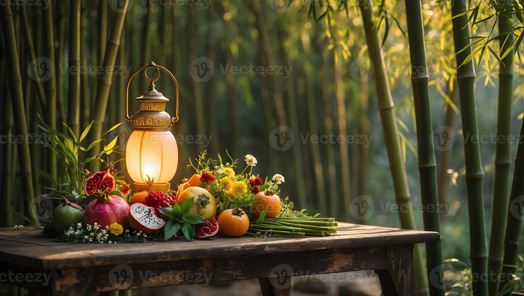 Lantern and Fruits on Rustic Table Amidst Bamboo Forest Backdrop photo