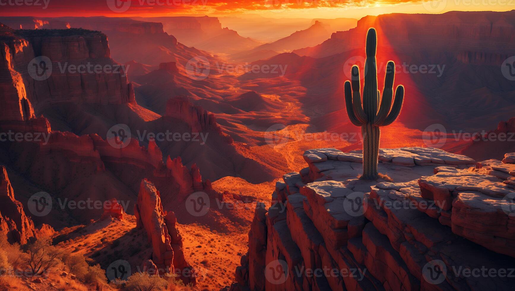 Desert Canyon Landscape with Cactus Silhouette at Sunset Overlook photo