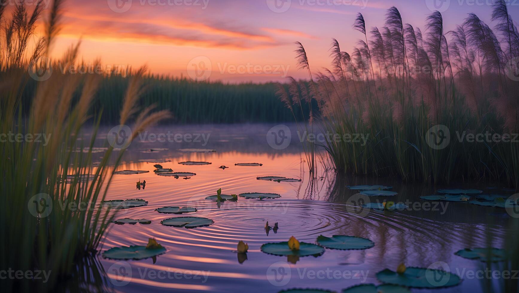 Pond at Sunset with Lily Pads and Reeds Reflecting Sky photo