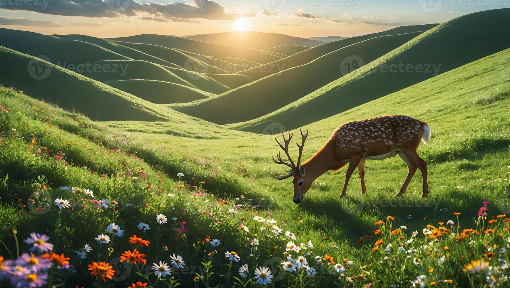 Deer Grazing in a Blooming Meadow at Sunset with Rolling Hills photo