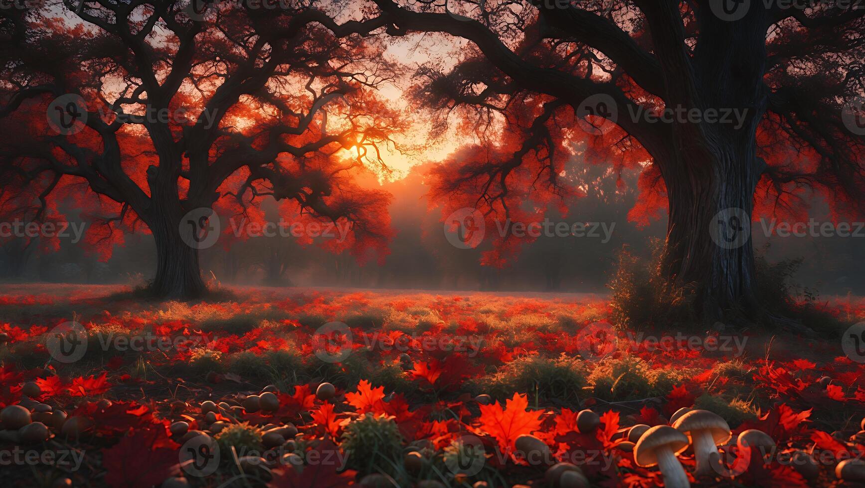 Enchanting Autumn Scene Two Majestic Trees Field of Red Leaves photo