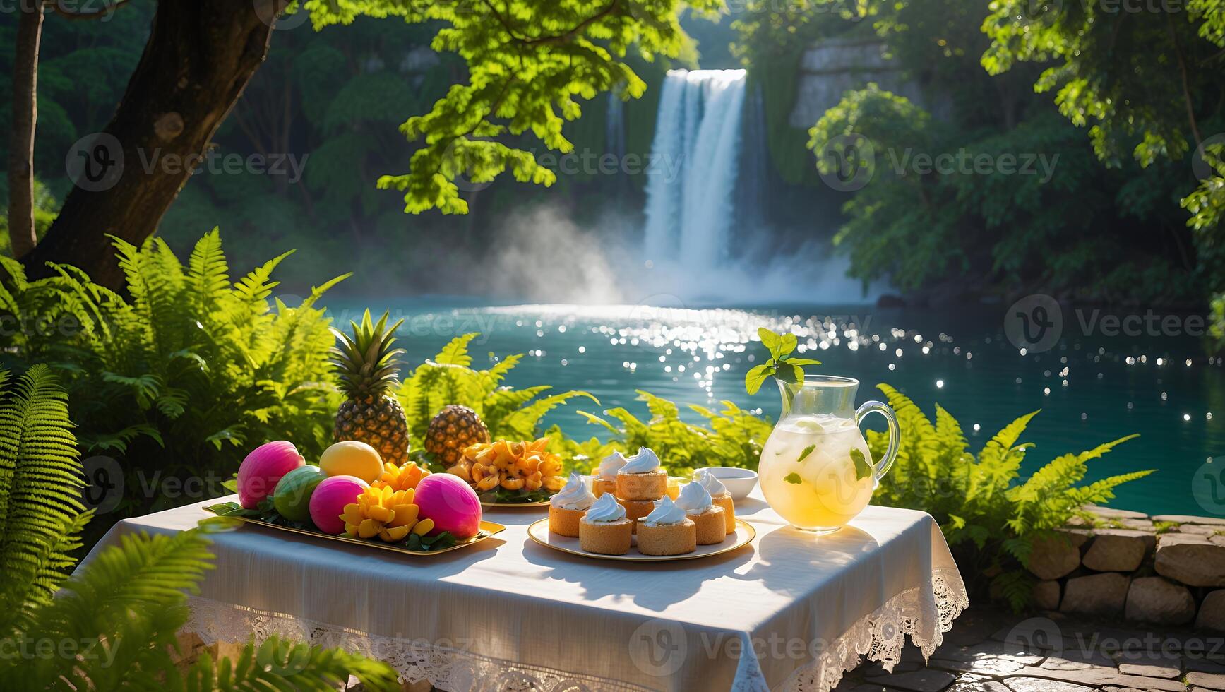 Waterfall Table Setting with Tropical Fruit and Refreshing Beverage photo