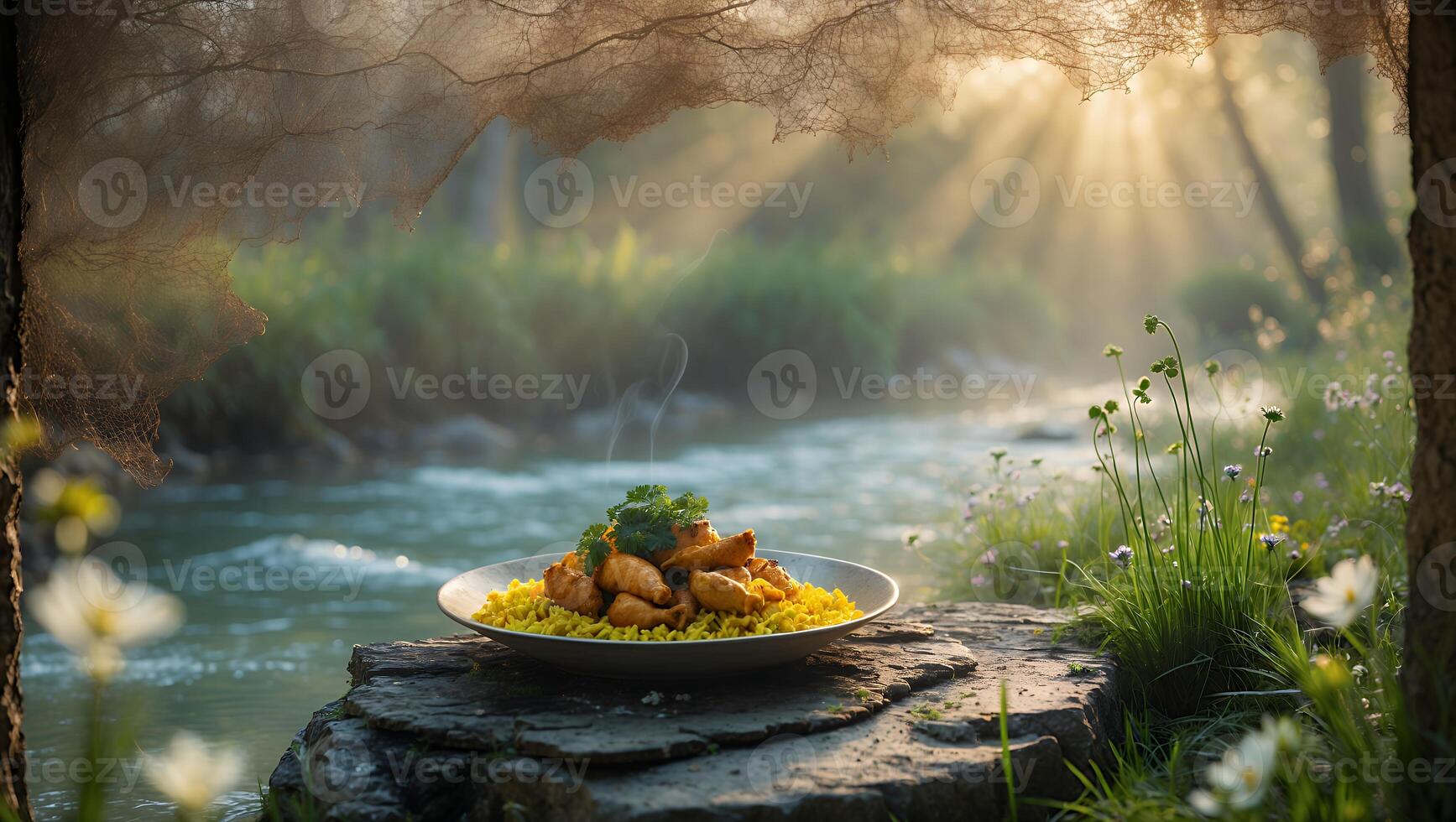 Chicken and Rice Dish Served Outdoors Near Flowing River photo