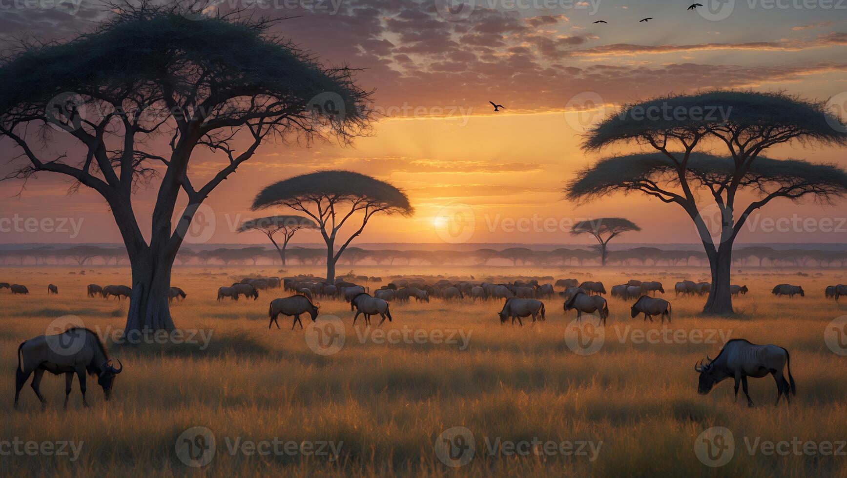 Wildebeest Grazing in Grassy Field at Sunset with Acacia Trees photo