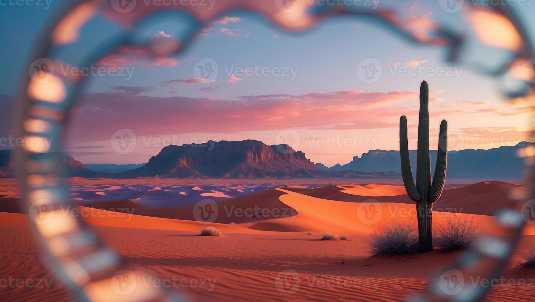 Cactus Standing in Desert at Sunset with Mountain Backdrop photo