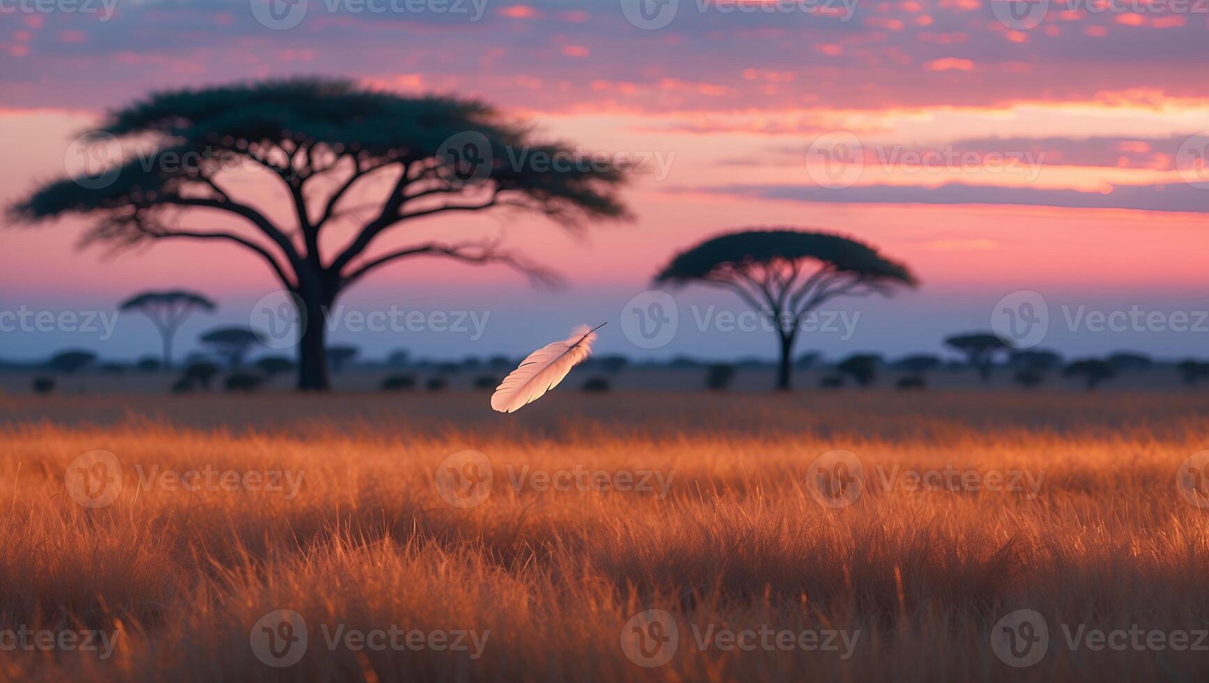 Feather Floating Over Golden Grassland at Dusk with Trees Silhouette photo