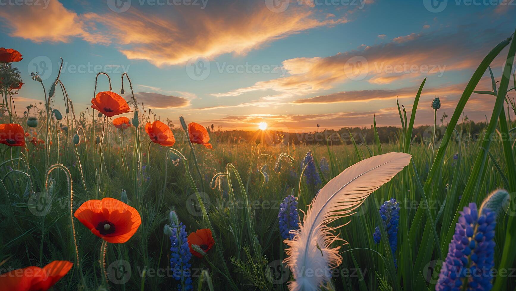 Poppy Field and Feather at Sunset Nature Scene Serene Meadow photo