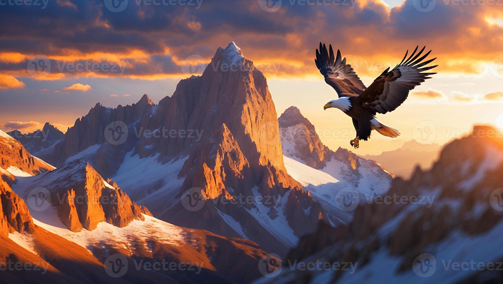 Eagle Soaring Over Snowy Mountains During Colorful and Warm Sunset photo